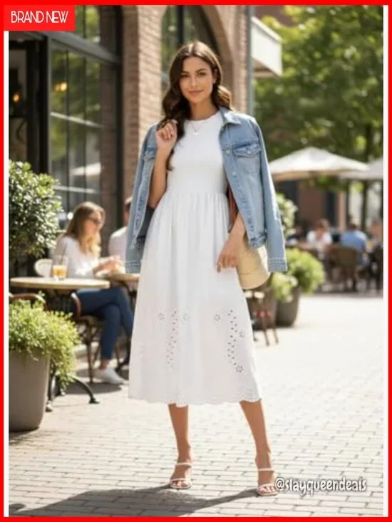 Casual Short Sleeve A Line Eyelet Cotton Maxi Dress with Pockets